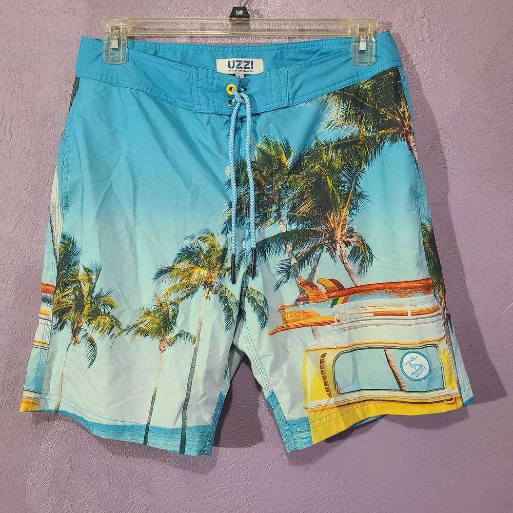 UZZI Mens Swim Trunks Board Shorts Mens L Blue Tropical Graphic